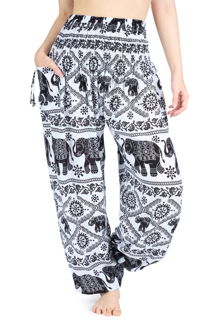 Elephant Black White Boho Pants - Lannaclothesdesign Shop