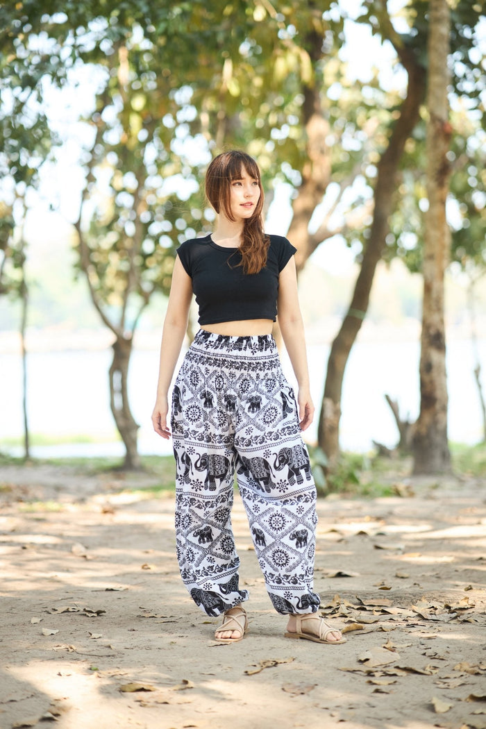 Elephant Black White Boho Pants - Lannaclothesdesign Shop