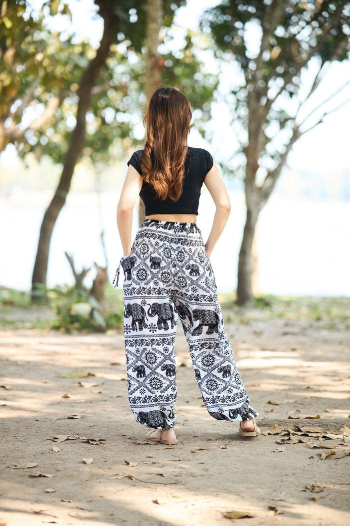 Elephant Black White Boho Pants - Lannaclothesdesign Shop