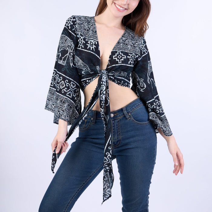 Elephant Women Boho Wrap Top - Casual Shirt - Black - Lannaclothesdesign Shop