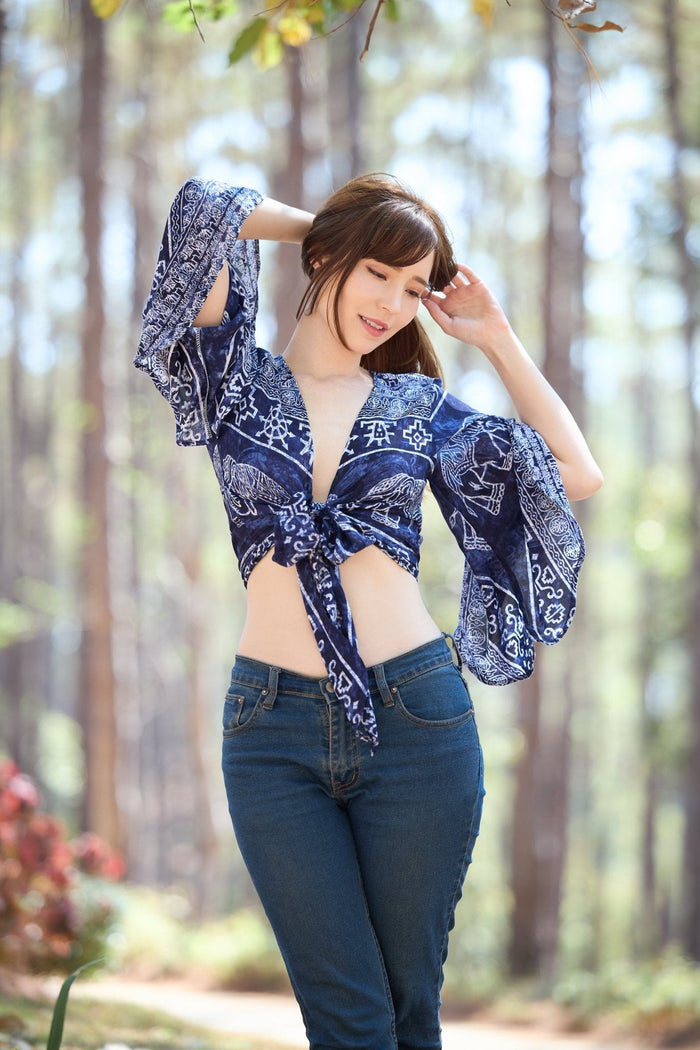 Elephant Women Boho Wrap Top - Casual Shirt - Dark Blue - Lannaclothesdesign Shop