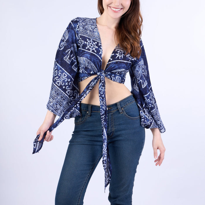 Elephant Women Boho Wrap Top - Casual Shirt - Dark Blue - Lannaclothesdesign Shop