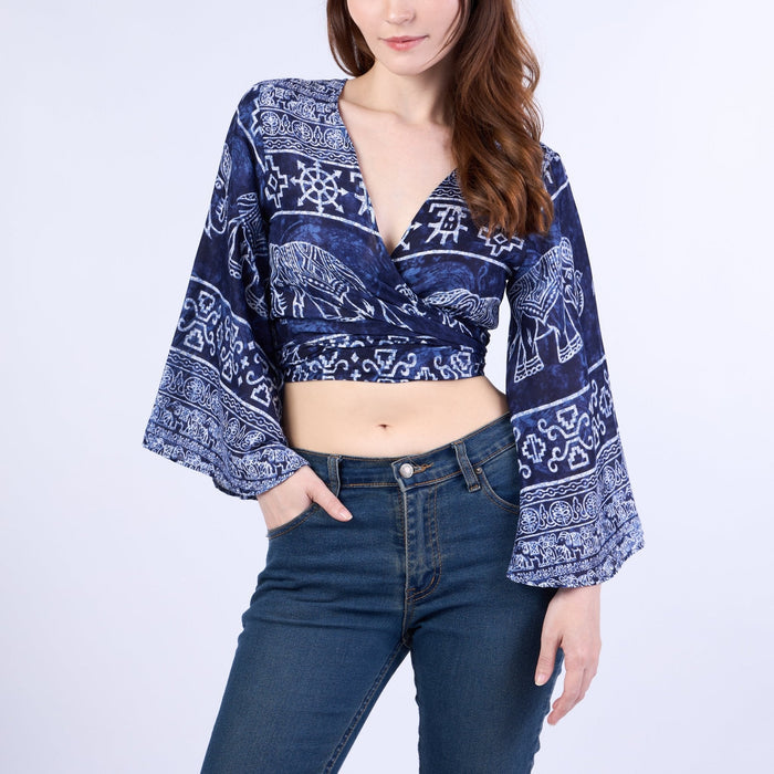 Elephant Women Boho Wrap Top - Casual Shirt - Dark Blue - Lannaclothesdesign Shop
