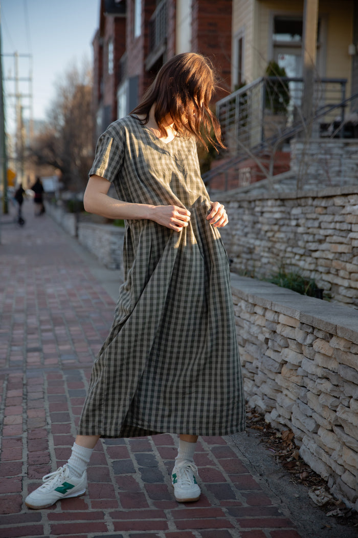 Eloise Handwoven Cotton Dress in Green Gingham - XS Left
