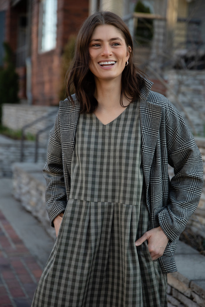 Eloise Handwoven Cotton Dress in Green Gingham - XS Left