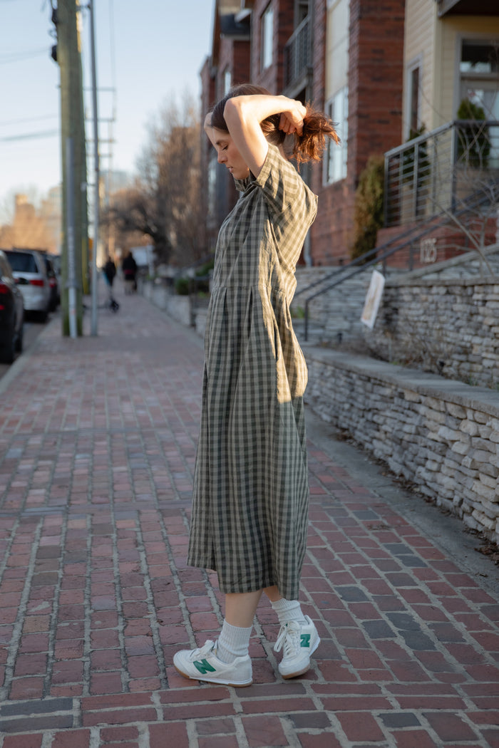Eloise Handwoven Cotton Dress in Green Gingham - XS Left