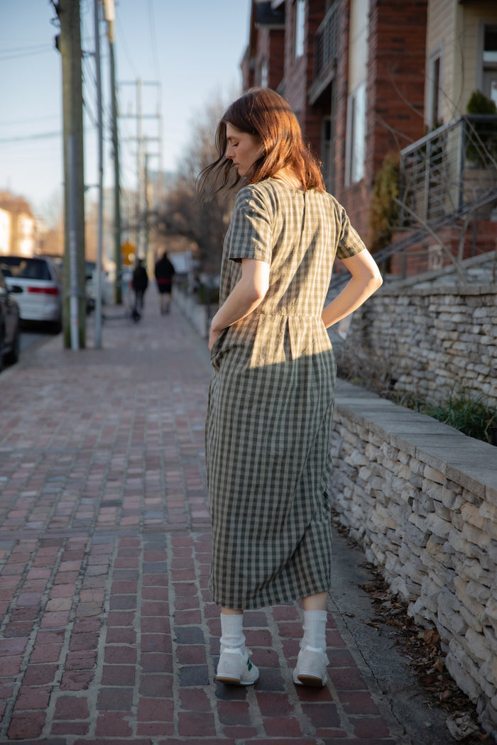 Eloise Handwoven Cotton Dress in Green Gingham - XS Left
