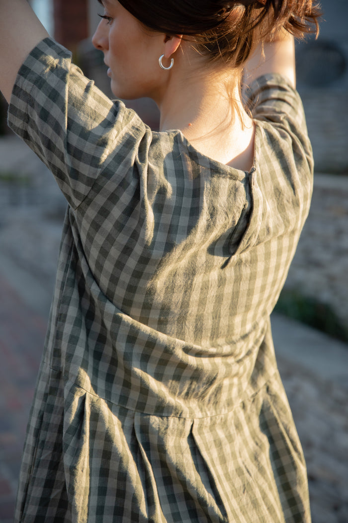 Eloise Handwoven Cotton Dress in Green Gingham - XS Left