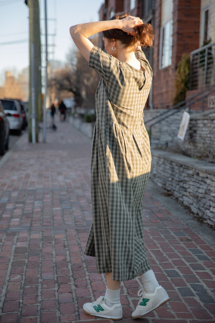 Eloise Handwoven Cotton Dress in Green Gingham - XS Left