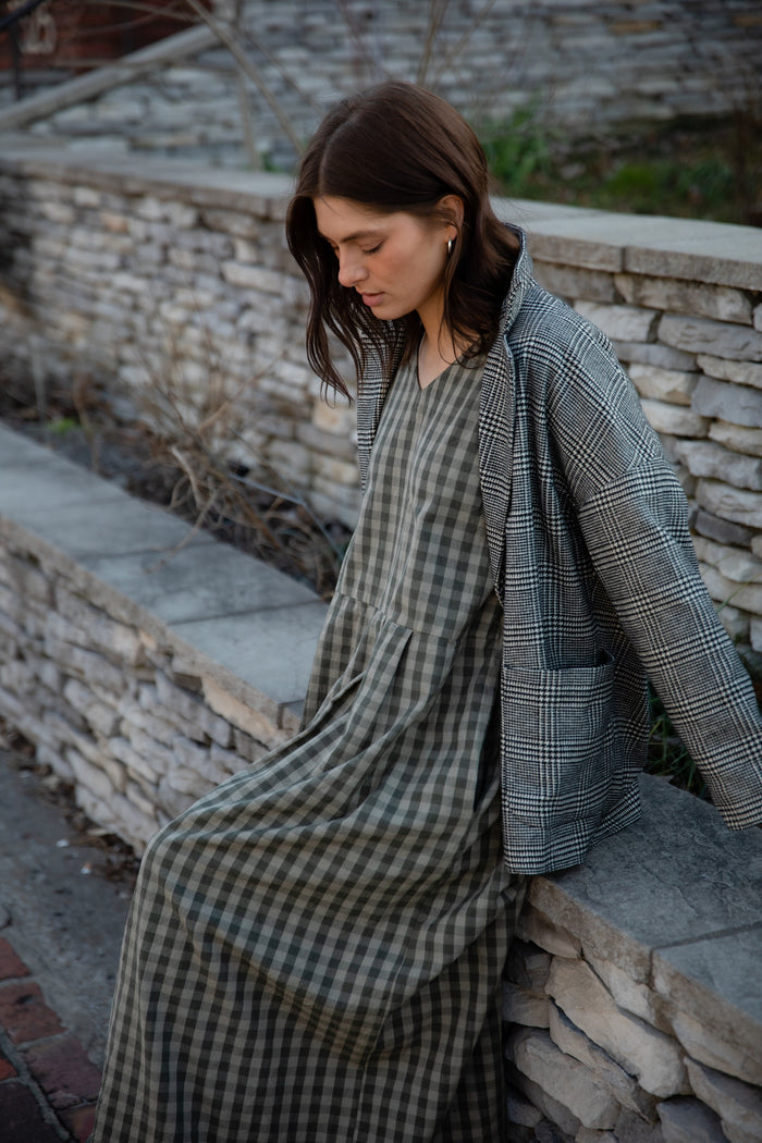 Eloise Handwoven Cotton Dress in Green Gingham - XS Left