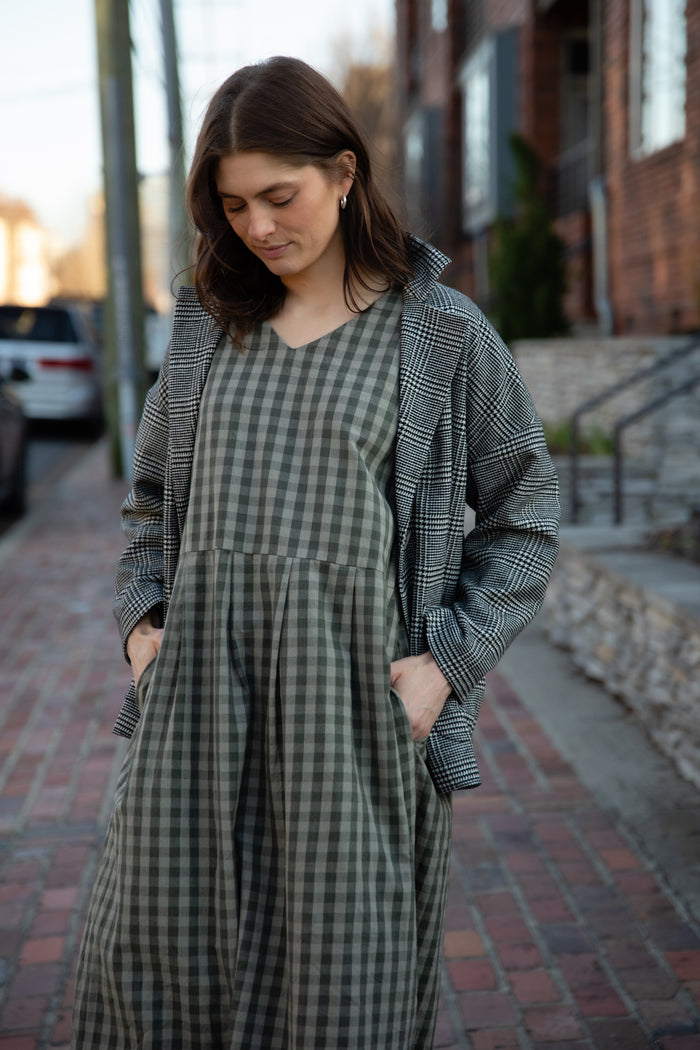 Eloise Handwoven Cotton Dress in Green Gingham - XS Left