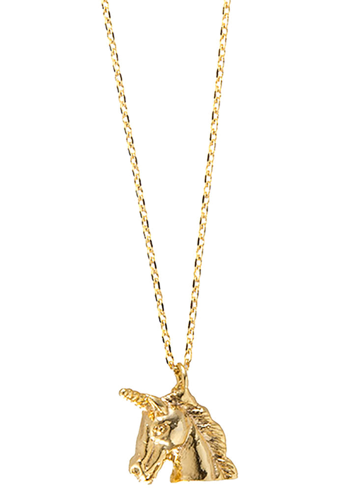 Wanderlust + Co Emoji Unicorn Necklace in gold with unicorn emoji pendant on 14k plated stainless steel chain festival necklace — front view
