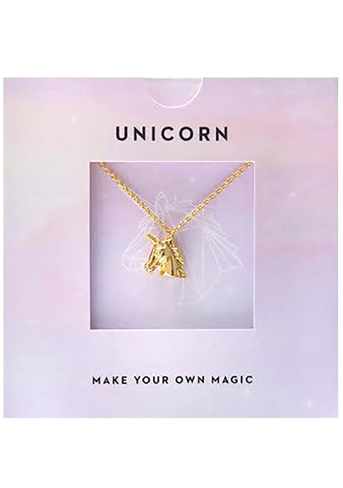 Wanderlust + Co Emoji Unicorn Necklace in gold with unicorn emoji pendant on 14k plated stainless steel chain festival necklace — pendant detail view