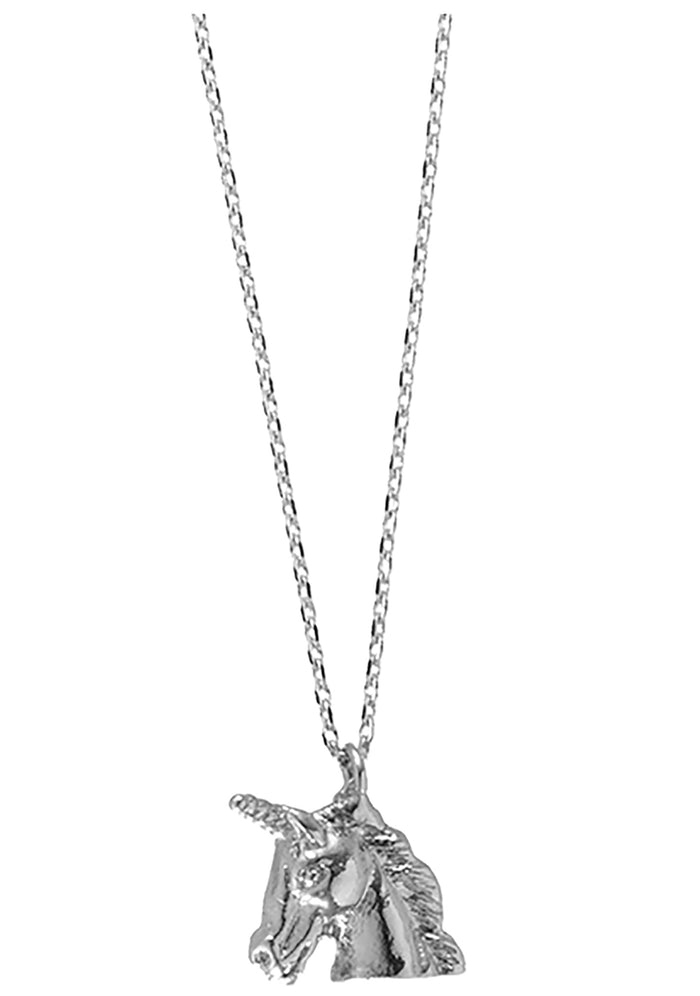 Wanderlust + Co Emoji Unicorn Necklace in silver with unicorn emoji pendant on silver plated stainless steel chain festival necklace — front view