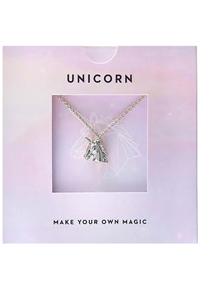 Wanderlust + Co Emoji Unicorn Necklace in silver with unicorn emoji pendant on silver plated stainless steel chain festival necklace — pendant detail view
