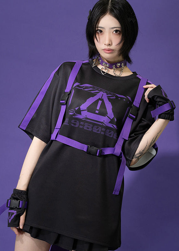 ACDC Rag Error Code Cyberpunk Tech Oversized Black Purple Tee — model view