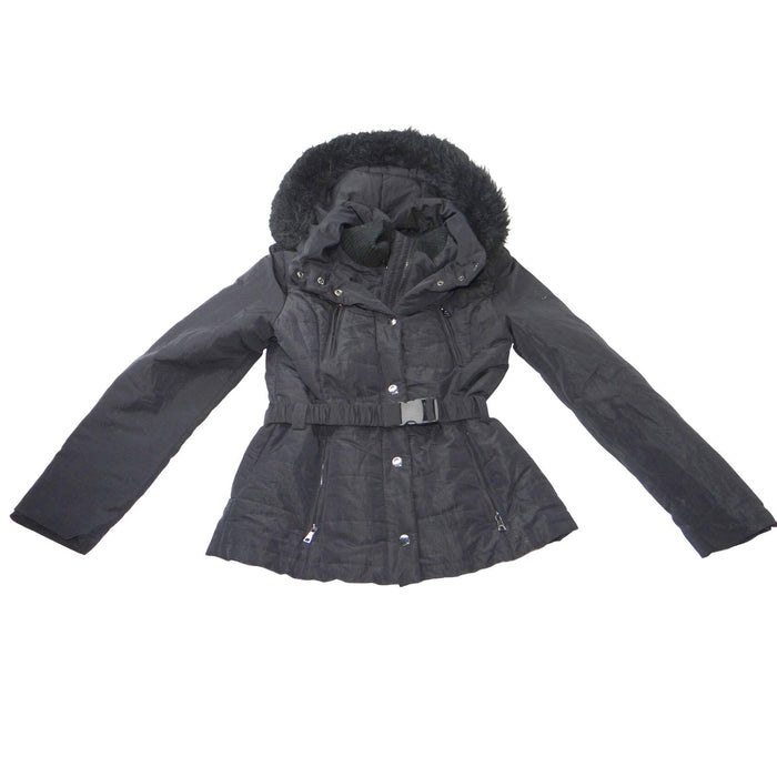 Esprit Black Faux Fur Trim Hooded Belted Winter Jacket Coat Women Size L0