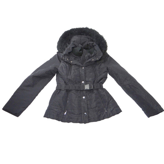 Esprit Black Faux Fur Trim Hooded Belted Winter Jacket Coat Women Size L0