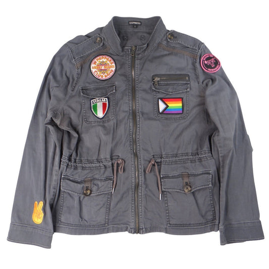 Express Gray Utility Jacket Women's Size L Patches Military Style0