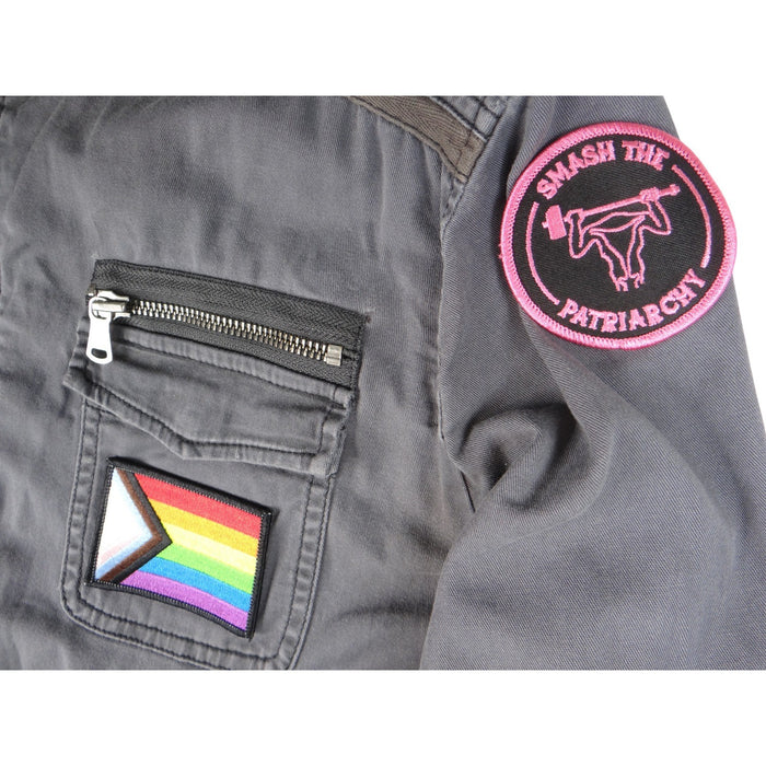 Express Gray Utility Jacket Women's Size L Patches Military Style3