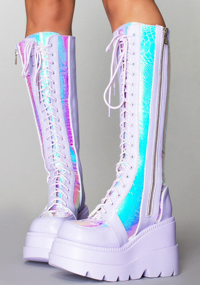 LASR Fairy Kiss Hi Lavender Platform Boots — front view