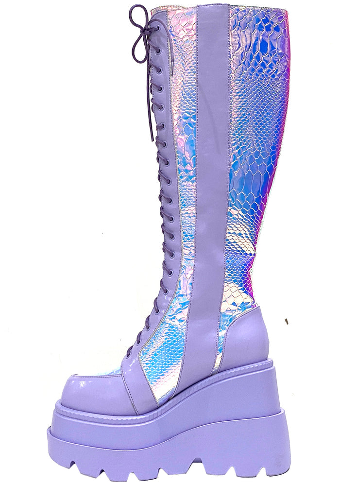LASR Fairy Kiss Hi Lavender Platform Boots — side view