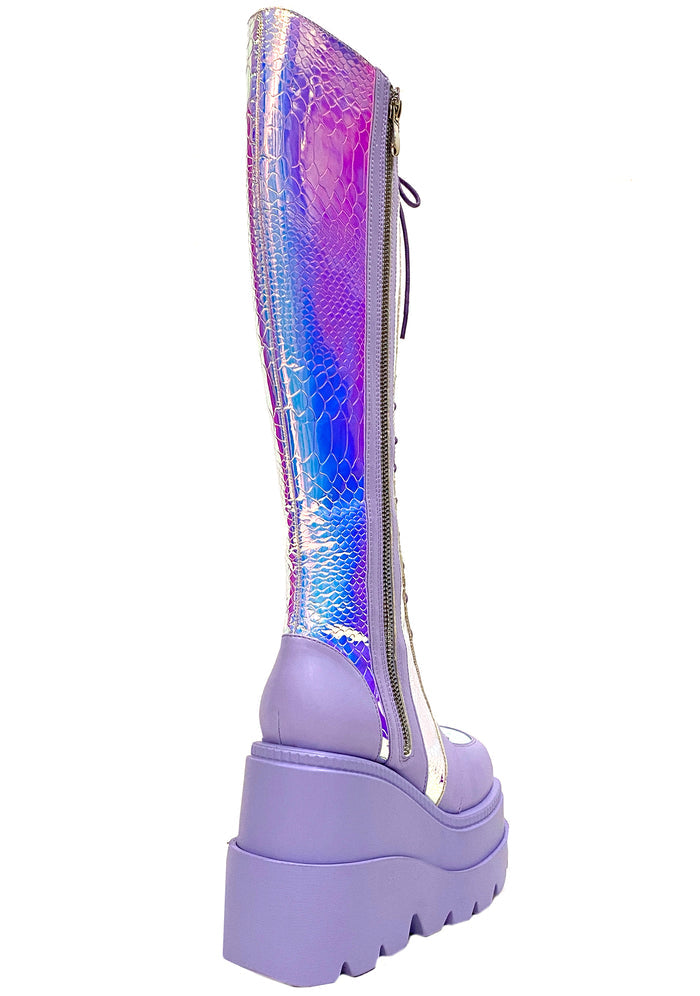 LASR Fairy Kiss Hi Lavender Platform Boots — back view