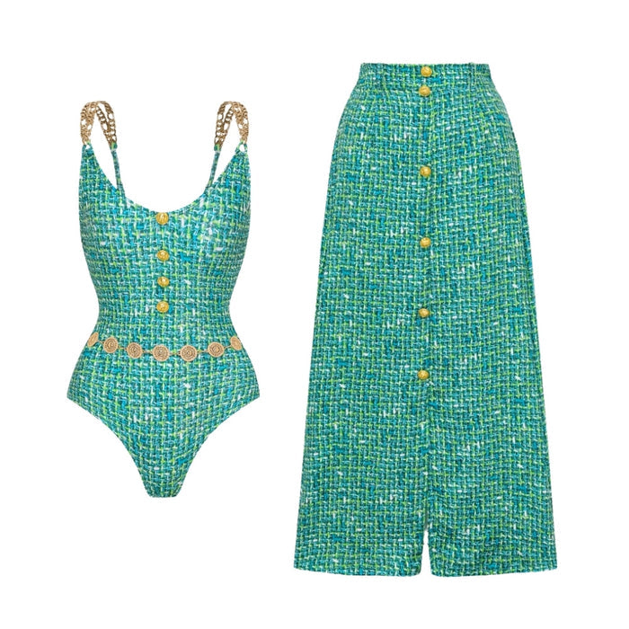Fern Swimsuit Set With Belt  - Green
