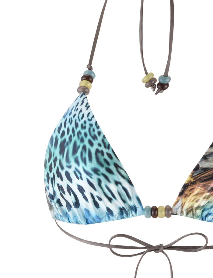 The FINLEA Bikini Top by TIGERMIST features a blue and green animal print with brown straps, decorative beads, an adjustable halter neck, and a tie-back closure.
