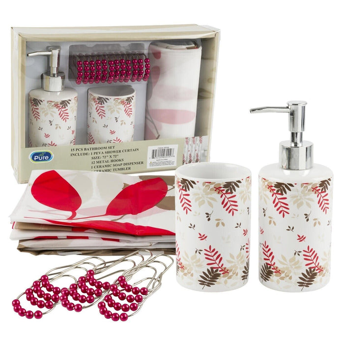 Floral Bathroom Set Pink & Beige Soap Lotion Dispenser Shower Curtain