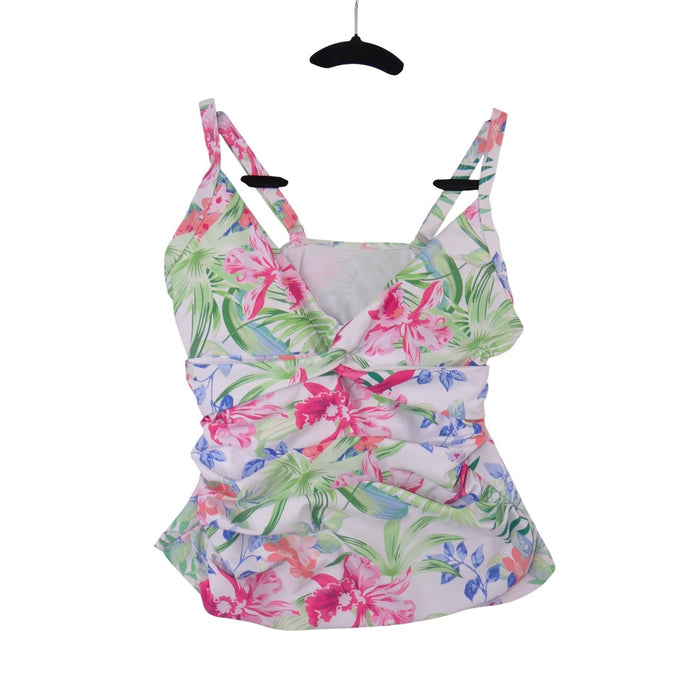 Floral Tropical Tankini Swim Top White Pink Green Ruched V Neck Size L0