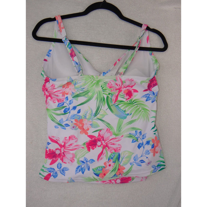 Floral Tropical Tankini Swim Top White Pink Green Ruched V Neck Size L1