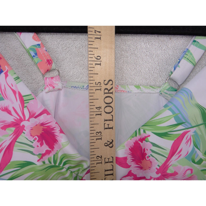 Floral Tropical Tankini Swim Top White Pink Green Ruched V Neck Size L2