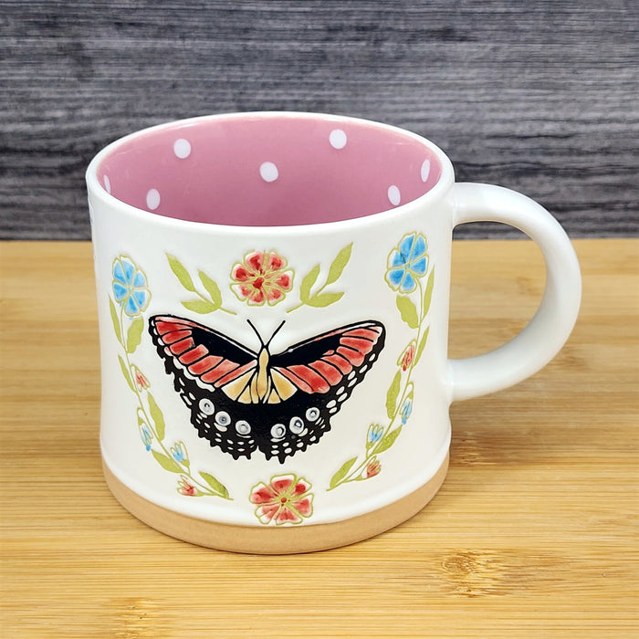 Flower Butterfly Coffee Mug Embossed Pink Ceramic Tea Cup Blue Sky 17oz