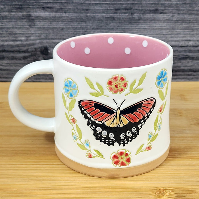 Flower Butterfly Coffee Mug Embossed Pink Ceramic Tea Cup Blue Sky 17oz