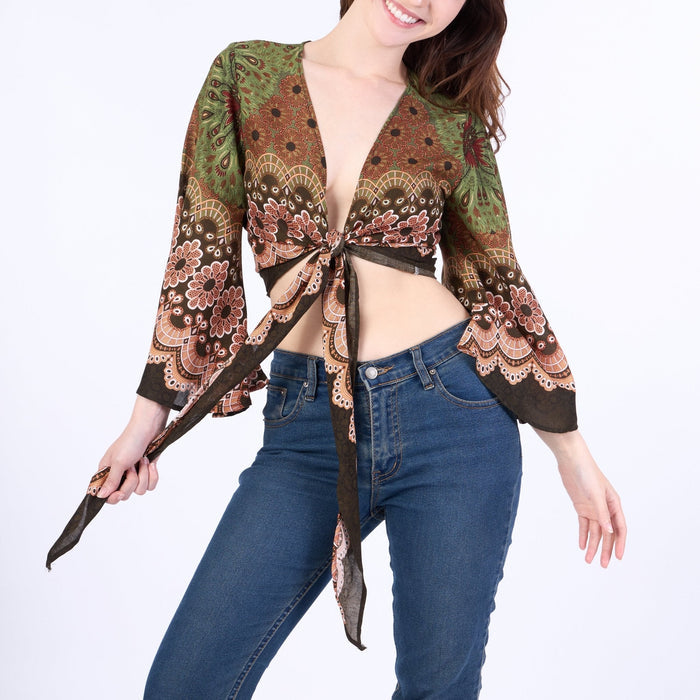 Flower Mandala Women Boho Wrap Top - Casual Shirt - Green - Lannaclothesdesign Shop
