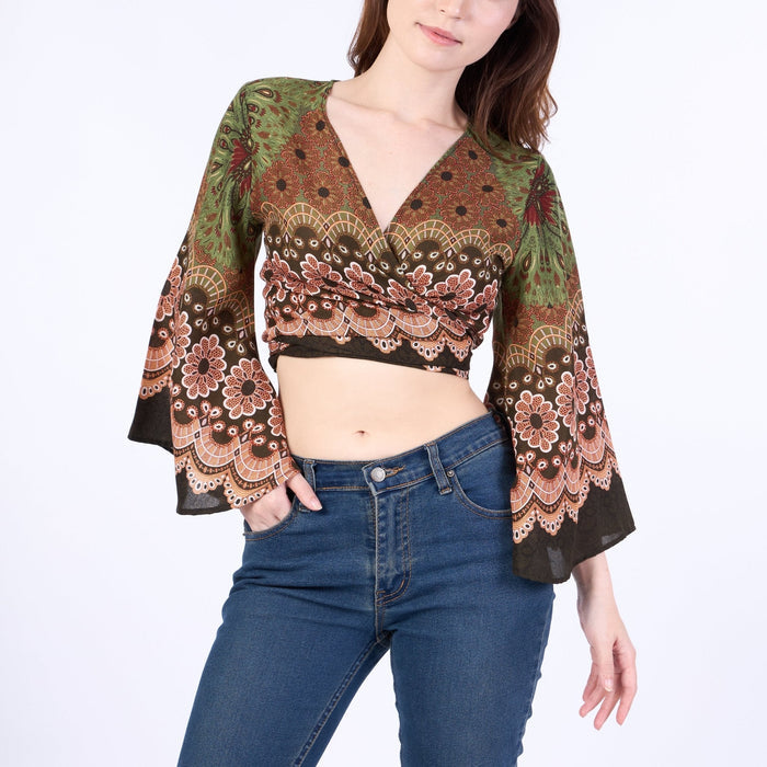 Flower Mandala Women Boho Wrap Top - Casual Shirt - Green - Lannaclothesdesign Shop