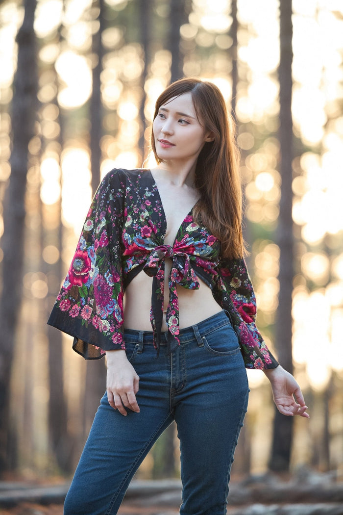 Flower Women Boho Wrap Top - Casual Shirt - Black - Lannaclothesdesign Shop