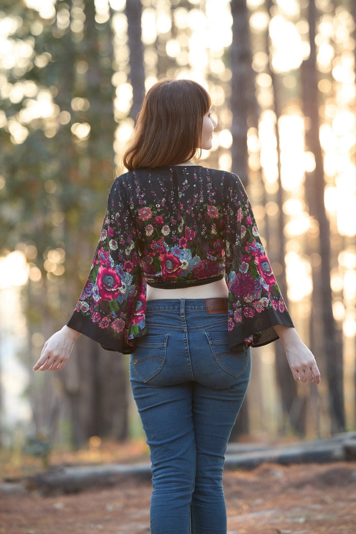 Flower Women Boho Wrap Top - Casual Shirt - Black - Lannaclothesdesign Shop