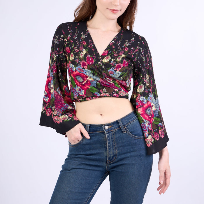 Flower Women Boho Wrap Top - Casual Shirt - Black - Lannaclothesdesign Shop