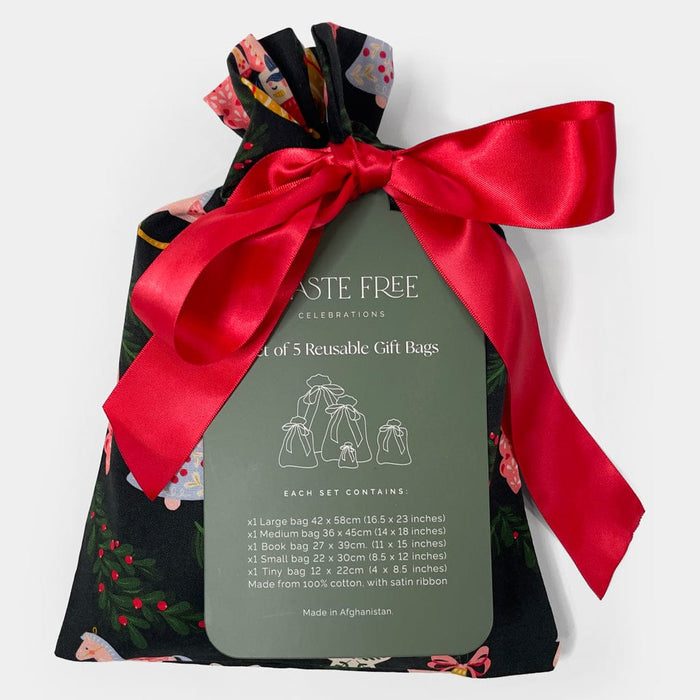 Waste Free Celebrations Set of 5 Folk Julepynt Reusable Gift Bag Set