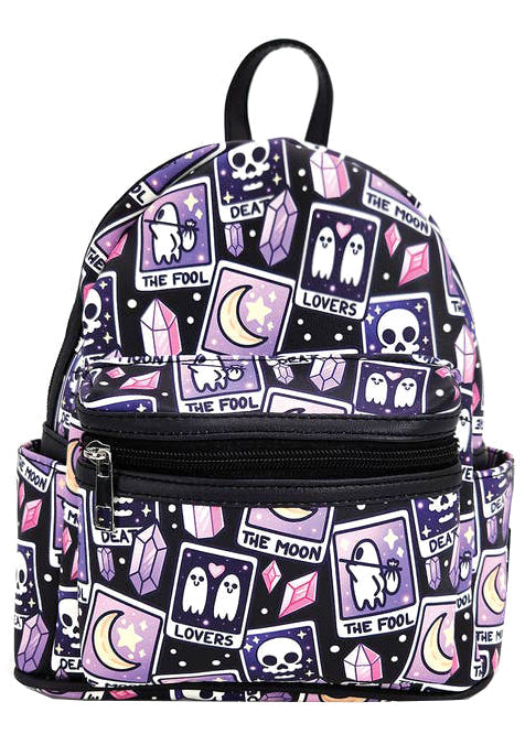 Sleepyville Critters Fortune Teller Tarot Cards AOP Mini Backpack in purple multi with all-over tarot card and celestial print on rave mini backpack — front view
