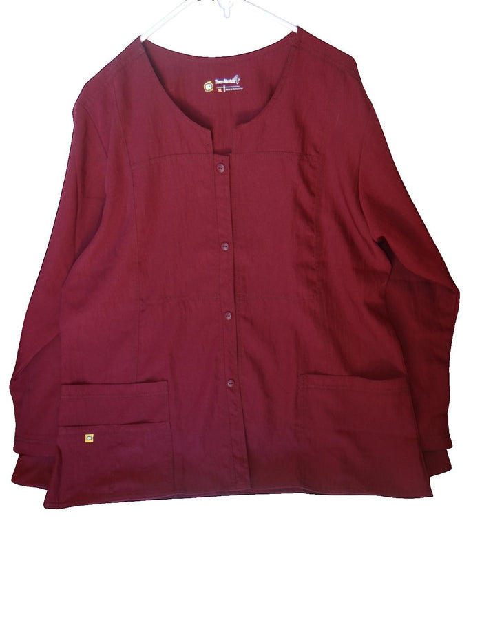 Four Stretch Women's Burgundy Button Front Medical Scrub Jacket XL0