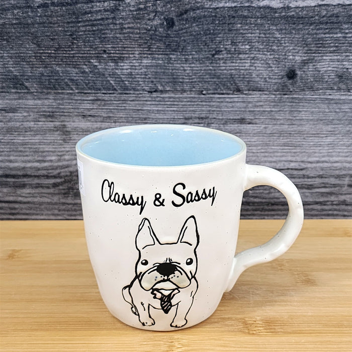 French Bulldog Coffee Cup Classy Sassy Dog Mug Blue Sky Ceramic Embossed 16 oz