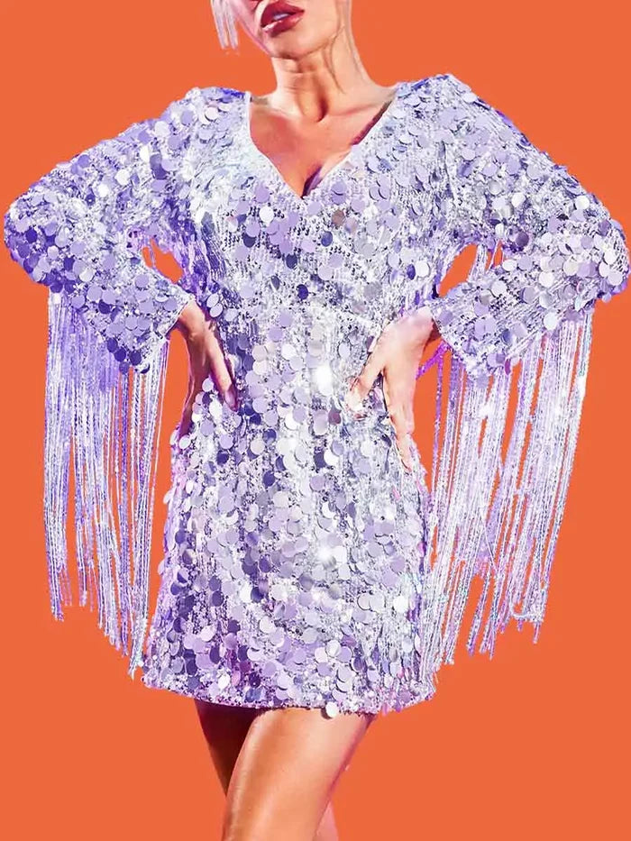 Fringe Long Sleeve Sparkly Silver Sequin Dresses