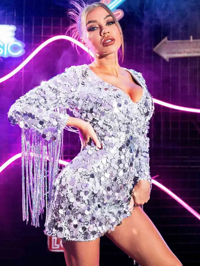 Fringe Long Sleeve Sparkly Silver Sequin Dresses