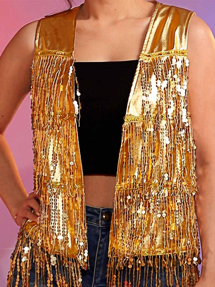 Front-Opening Gold Sequin Tassel Vest
