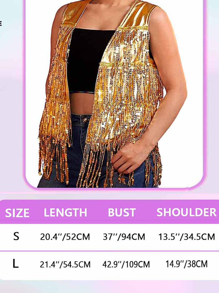 Front-Opening Gold Sequin Tassel Vest