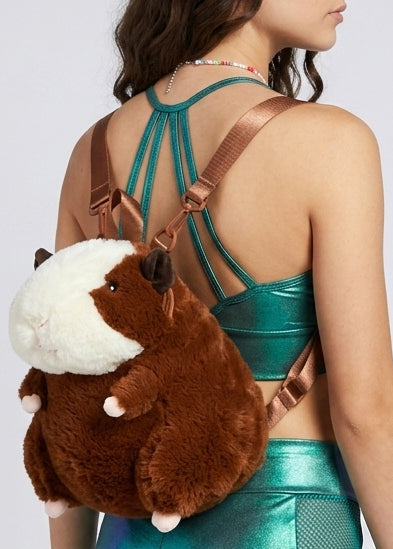 Sleepyville Critters Furry Hamster Plush Backpack in brown with 3D hamster plush design and two-tone furry face on rave festival backpack — front view, styled