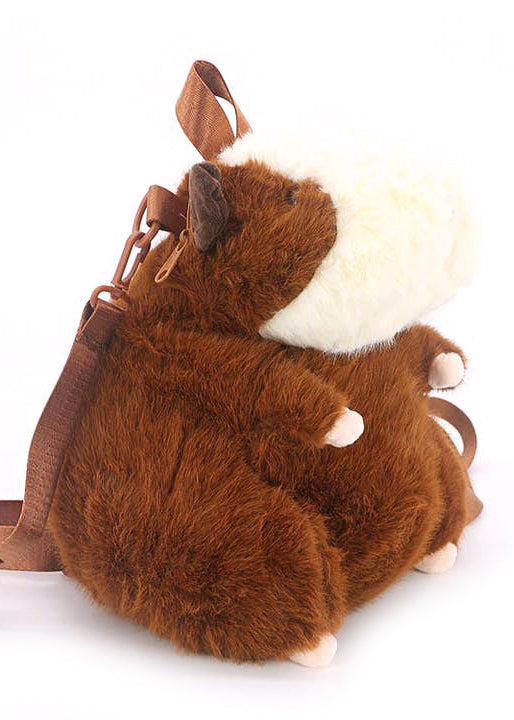 Sleepyville Critters Furry Hamster Plush Backpack in brown with 3D hamster plush design and two-tone furry face on rave festival backpack — side view